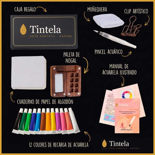 Kit Tintela™ — Acuarela Portátil con Paleta de Nogal